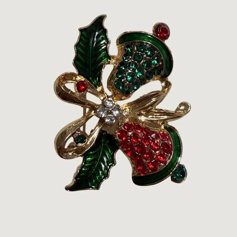 Christmas Bells Brooch Pin - Red & Green Rhinestone Holiday Jewelry
